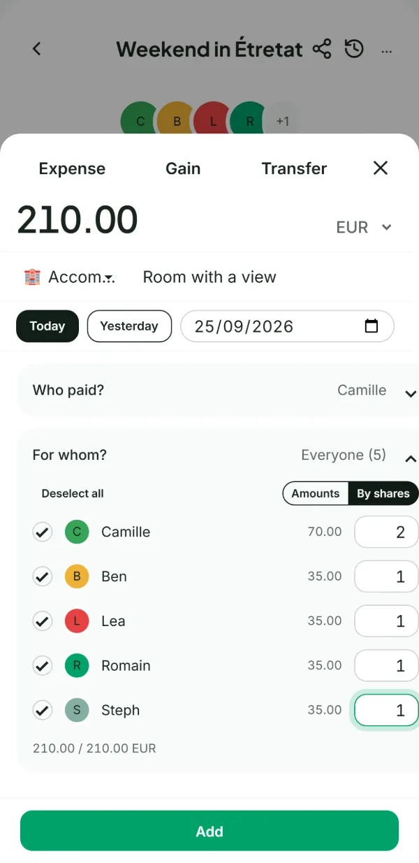 A €210 expense split by shares: 2 shares for Camille, 1 for each of the four others.